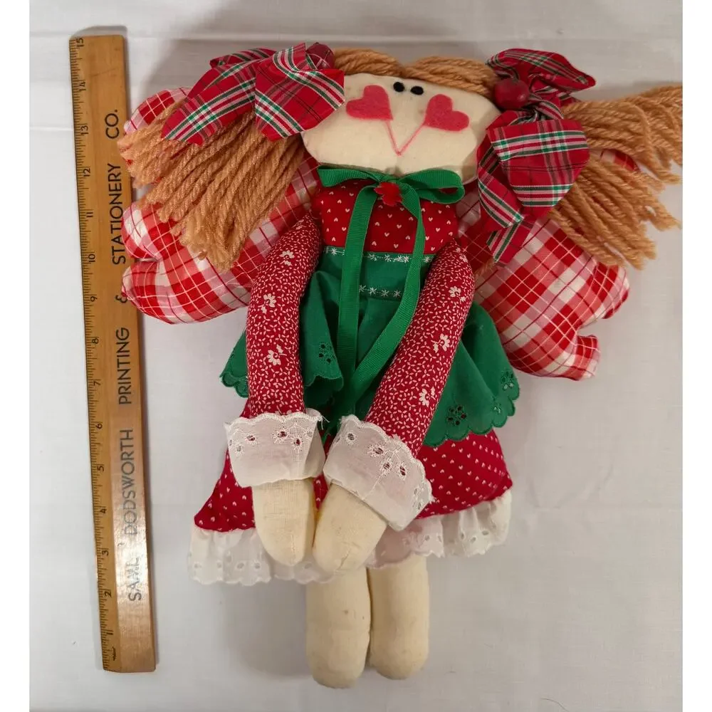 Handmade Christmas Angel Rag Doll with Plaid Wings, Vintage-Style Holiday Decor